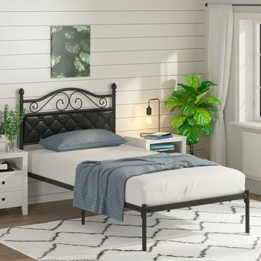 Yoneston Twin Size Metal Platform Bed Frame with Faux Leather Upholstered Headboard for Kids Teens Bedroom Furniture, Black