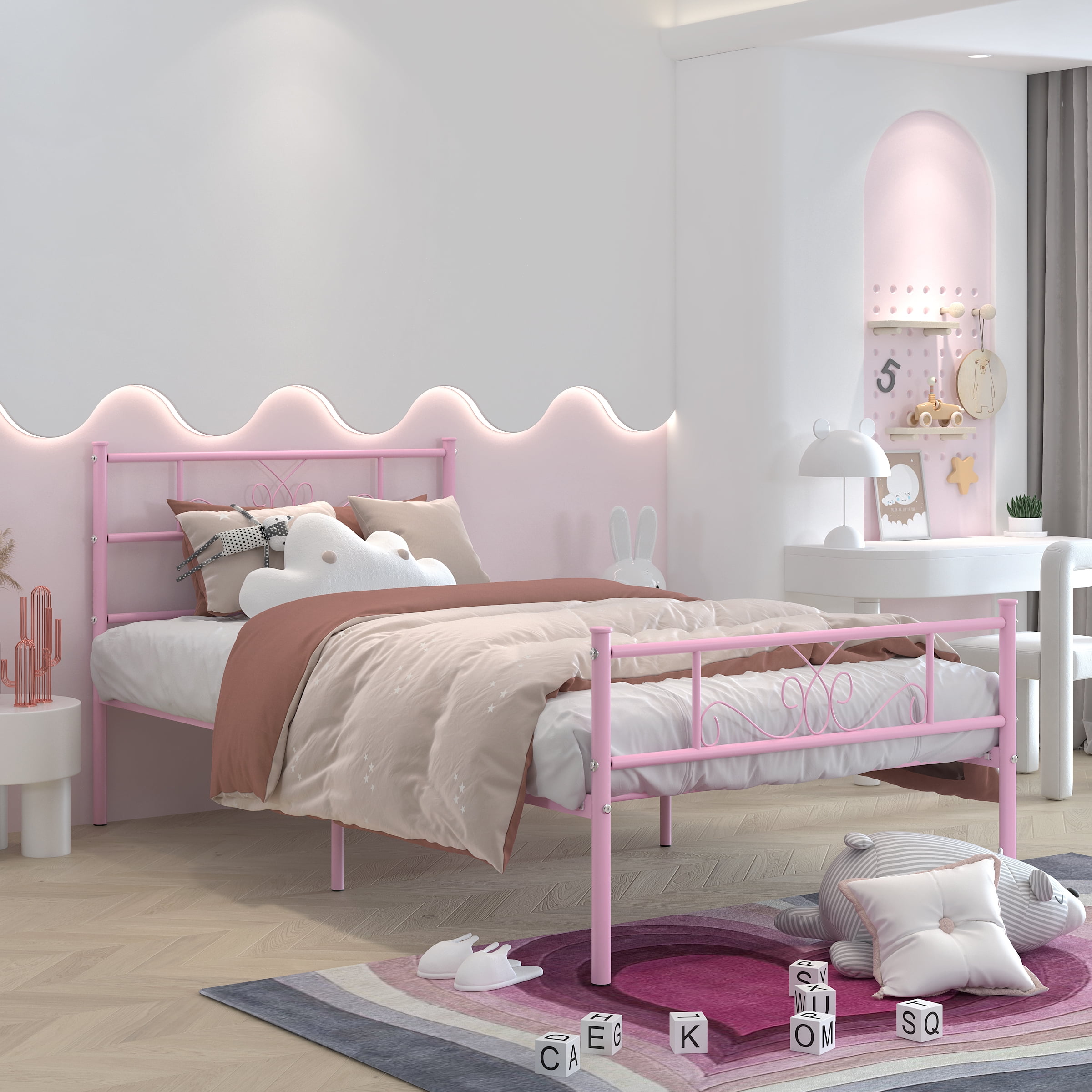 Yoneston Twin Size Metal Platform Bed Frame with Headboard, 12.7” Single Bed Frame for Kids, Teens, Adult Bedroom Furniture, Pink