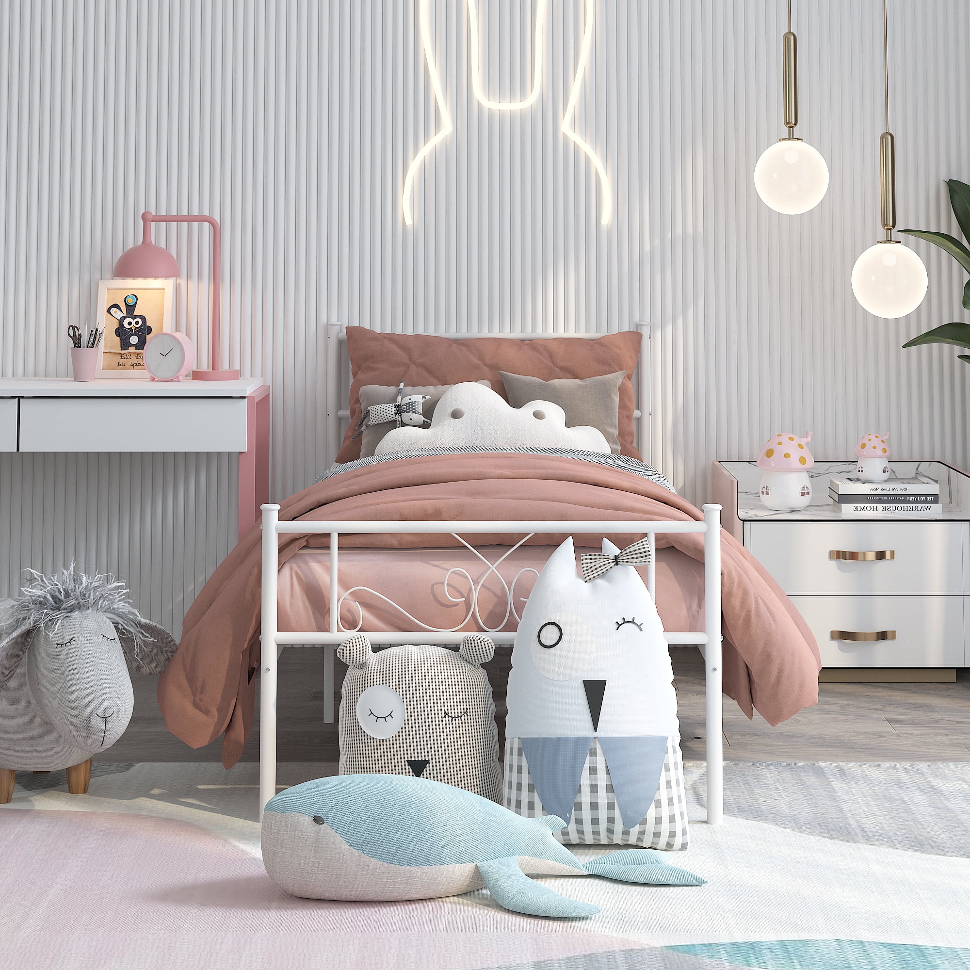 Yoneston Twin Size Metal Platform Bed Frame with Headboard, 12.7” Single Bed Frame for Kids, Teens, Adult Bedroom Furniture, White