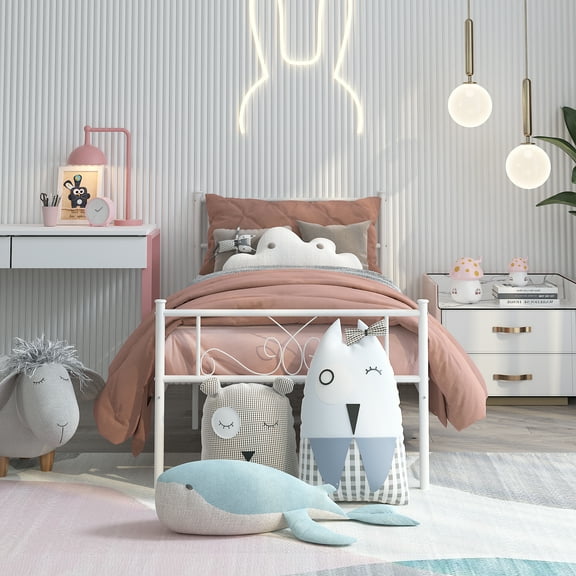 Yoneston Twin Size Metal Platform Bed Frame with Headboard, 12.7” Single Bed Frame for Kids, Teens, Adult Bedroom Furniture, White