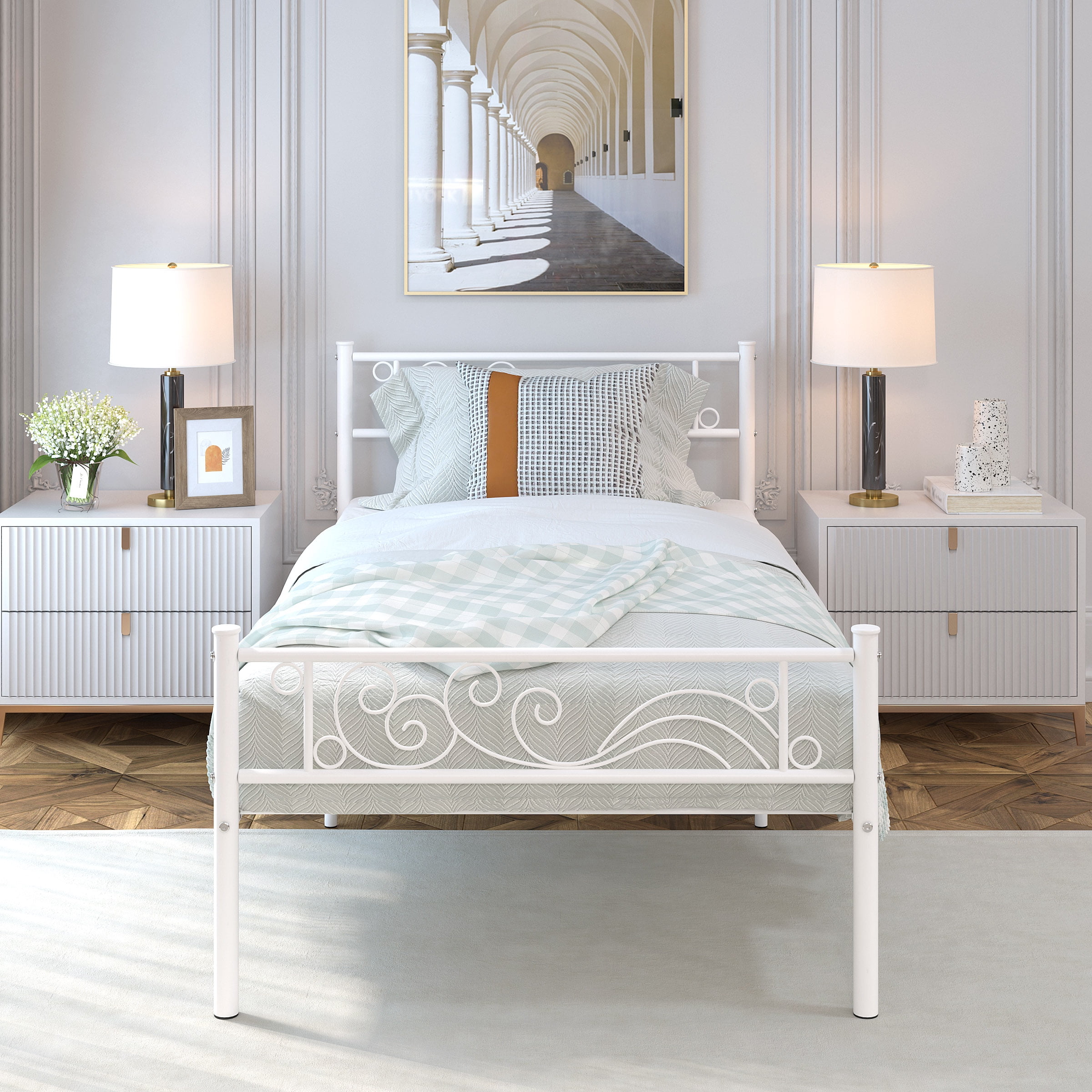 Yoneston Twin Size Metal Platform Bed Frame with Headboard Footboard for Boys Girls Kids Adults, White