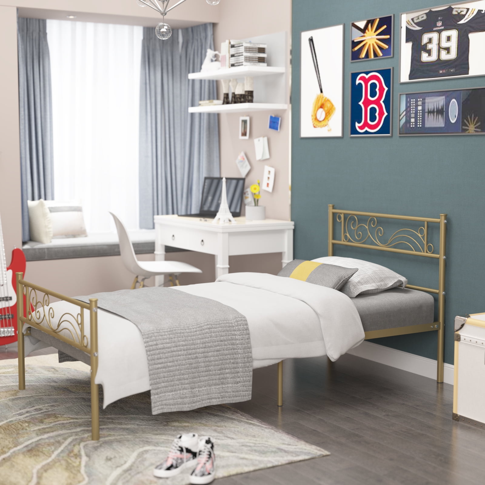 Yoneston Twin Size Metal Platform Bed Frame with Headboard Footboard for Kid - Gold