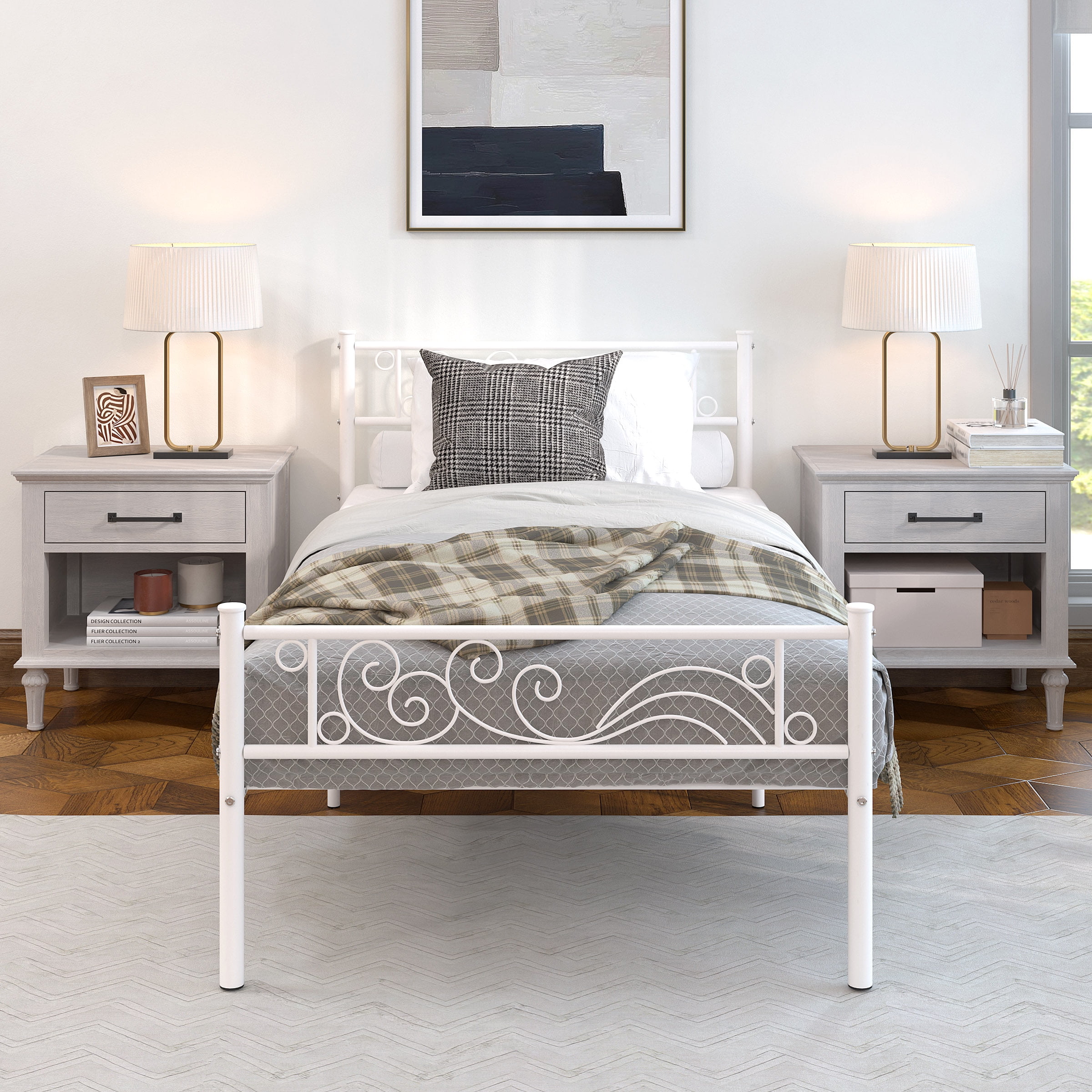 Yoneston Twin Size Metal Platform Bed Frame with Headboard  Footboard for Kid’s Room, White