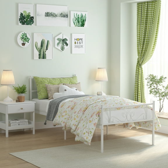 Yoneston Twin Size Metal Platform Bed Frame with Headboard for Kids, Teens, Adult Bedroom Furniture, White