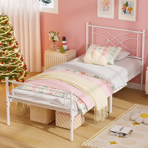 Yoneston Twin Size Metal Platform Bed Frame with Novel Headboard for Teens Boys Youths Kids Bedroom Furniture, White