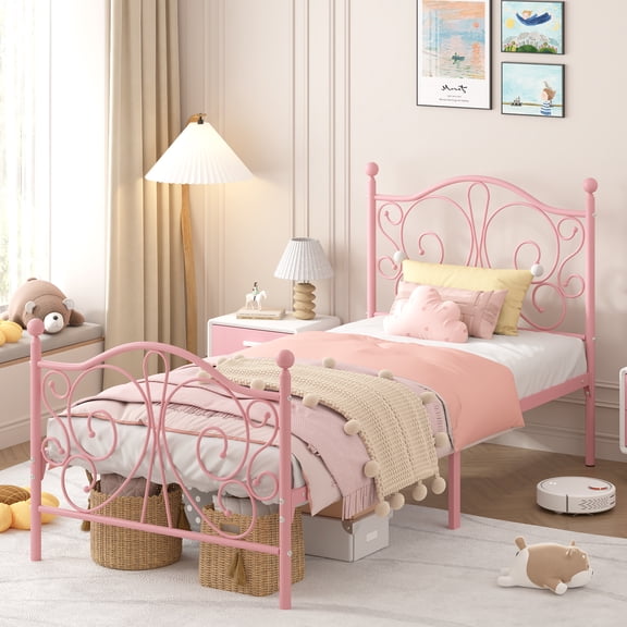 Yoneston Twin Size Metal Platform Bed Frame with Vivid Butterfly Pattern Headboard & Footboard for Kids Girls Boys, Pink