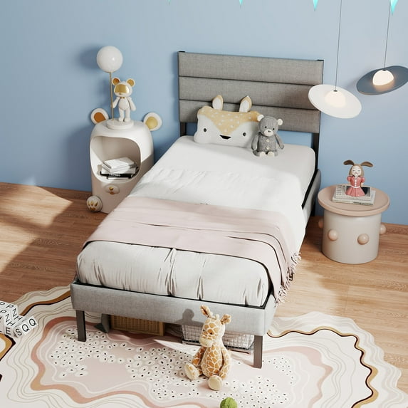 Yoneston Twin Size Modern Upholstered Bed Frame with Headboard, No Box Spring Needed, Underbed Storage, Gray