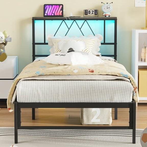 Yoneston Twin Size Platform Bed Fame with LED and Charging Station Storage Headboard for Boys Gilrs Kids, Black