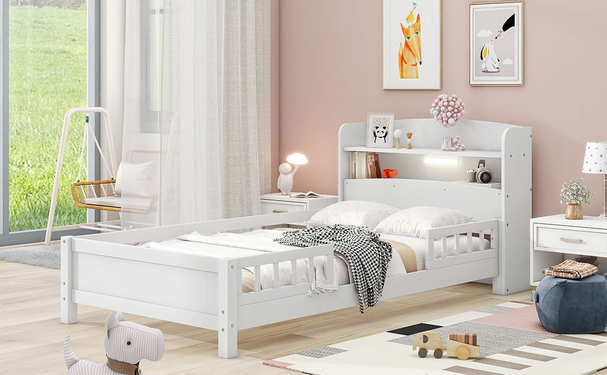 Yoneston Twin Size Platform Bed with Storage Headboard and Built-in LED Light, Wooden Kids Todder Bed Frame with Safety Guardrail for Girls Boys, White