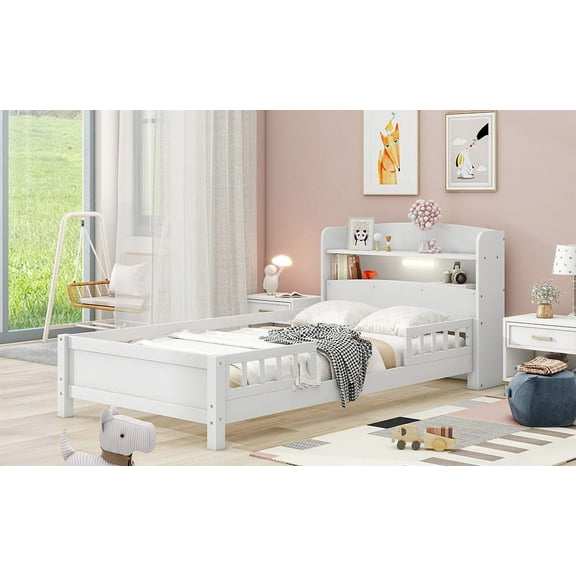 Yoneston Twin Size Platform Bed with Storage Headboard and Built-in LED Light, Wooden Kids Todder Bed Frame with Safety Guardrail for Girls Boys, White