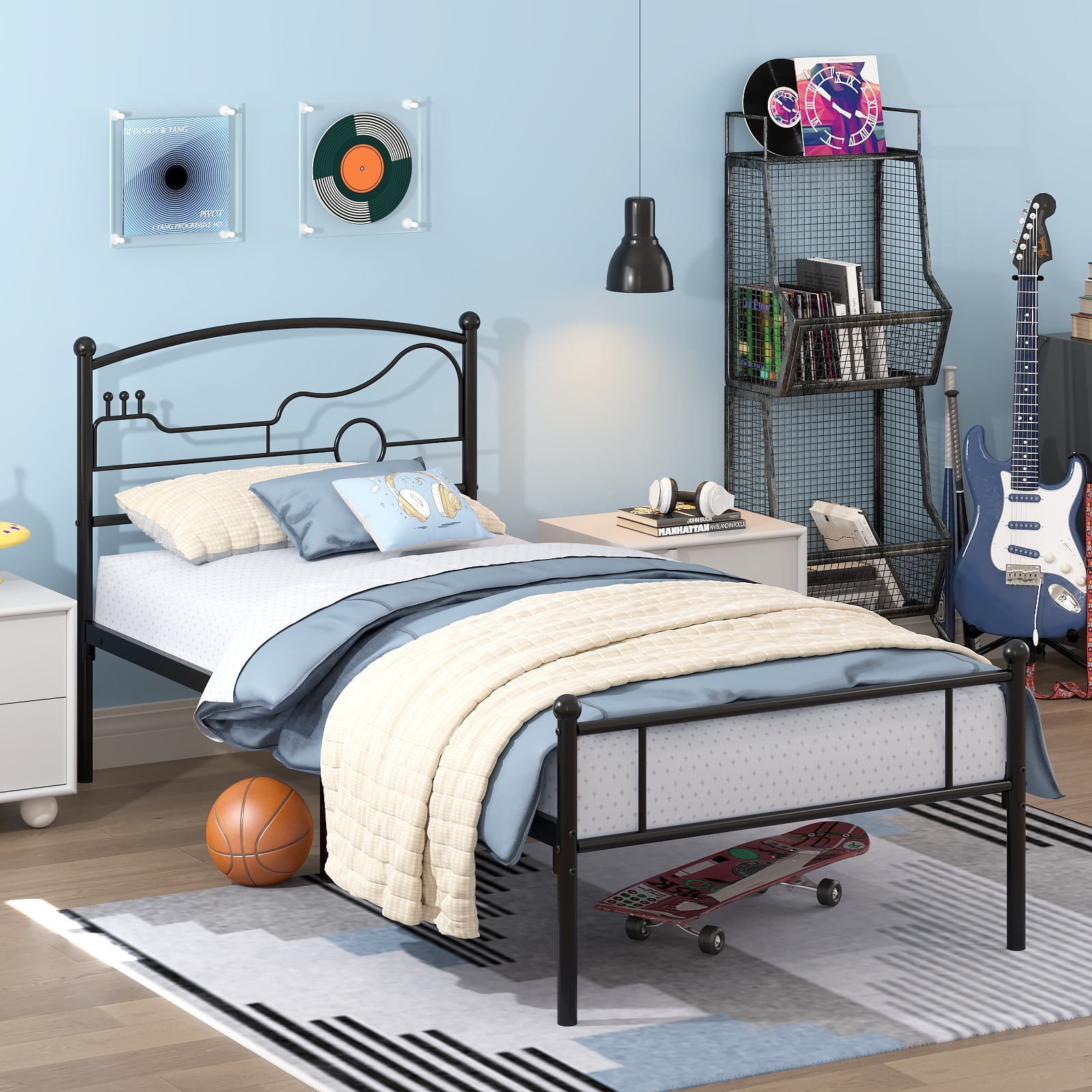 Yoneston Twin Size Platform Bed with Guitar Headboard Heavy Duty Metal Bed Frame for Boys Kids Teens Bedroom Furniture, Black
