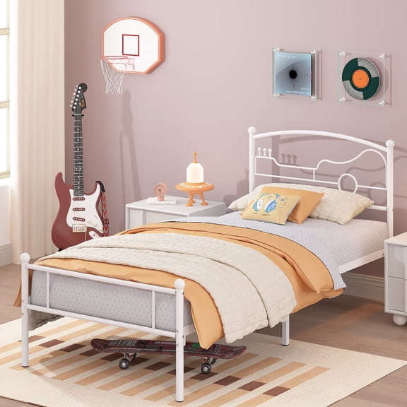 Yoneston Twin Size Platform Bed with Guitar Headboard Heavy Duty Metal Bed Frame for Boys Kids Teens, White