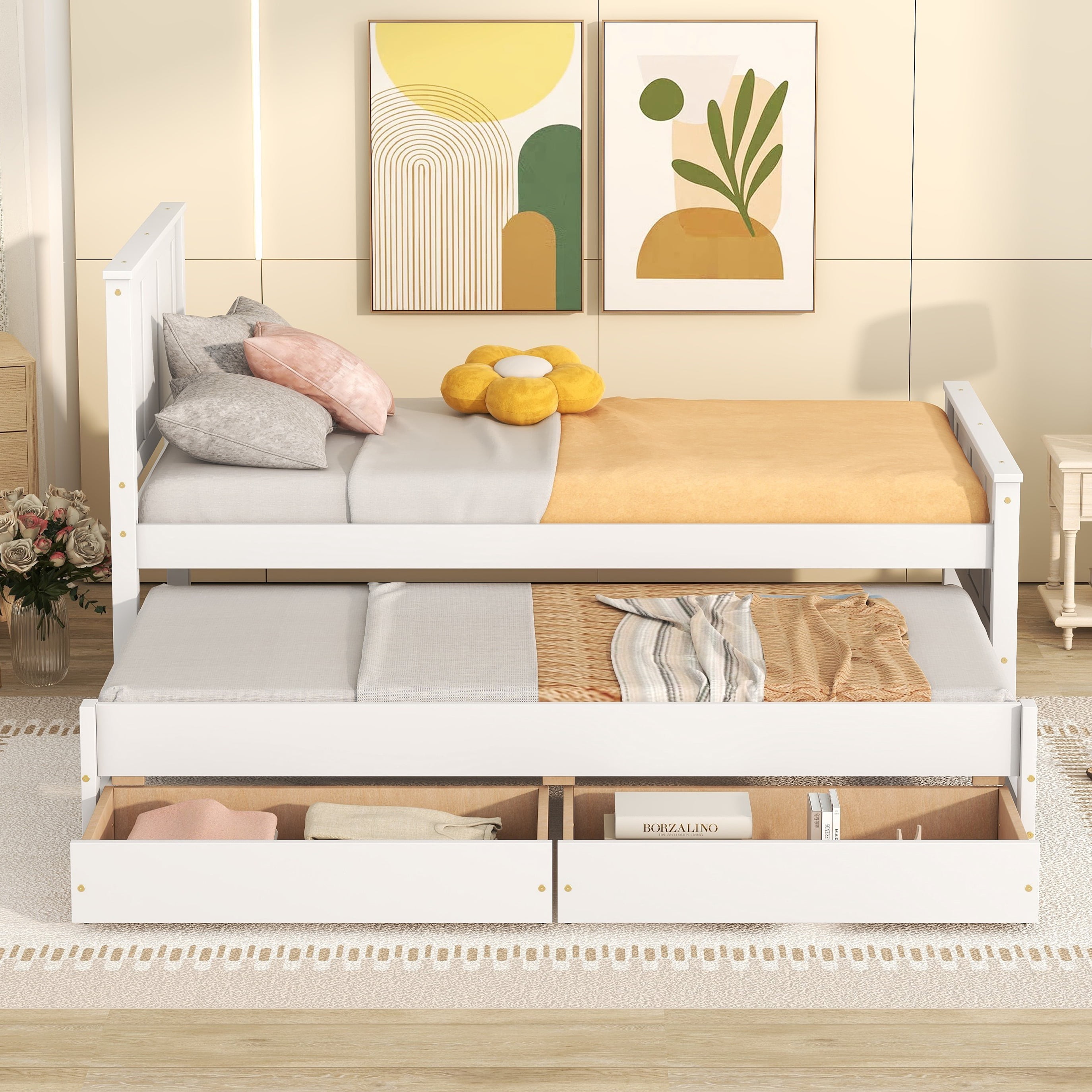 Yoneston Twin Size Platform Bed with Trundle and 2 Drawers, Space-Saving Storage Daybed for Kids Guests, White