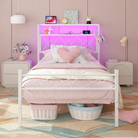 Yoneston Twin Size Power Outlet LED Light Metal Platform Bed Frame with 2-Tier Storage Charging Station Headboard for Girls Teens Kids Bedroom, White