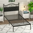 thumbnail image 1 of Yoneston Twin Size Upholstered Headboard Metal Platform Bed Frame for Kids Teens Bedroom Furniture, Black, 1 of 6