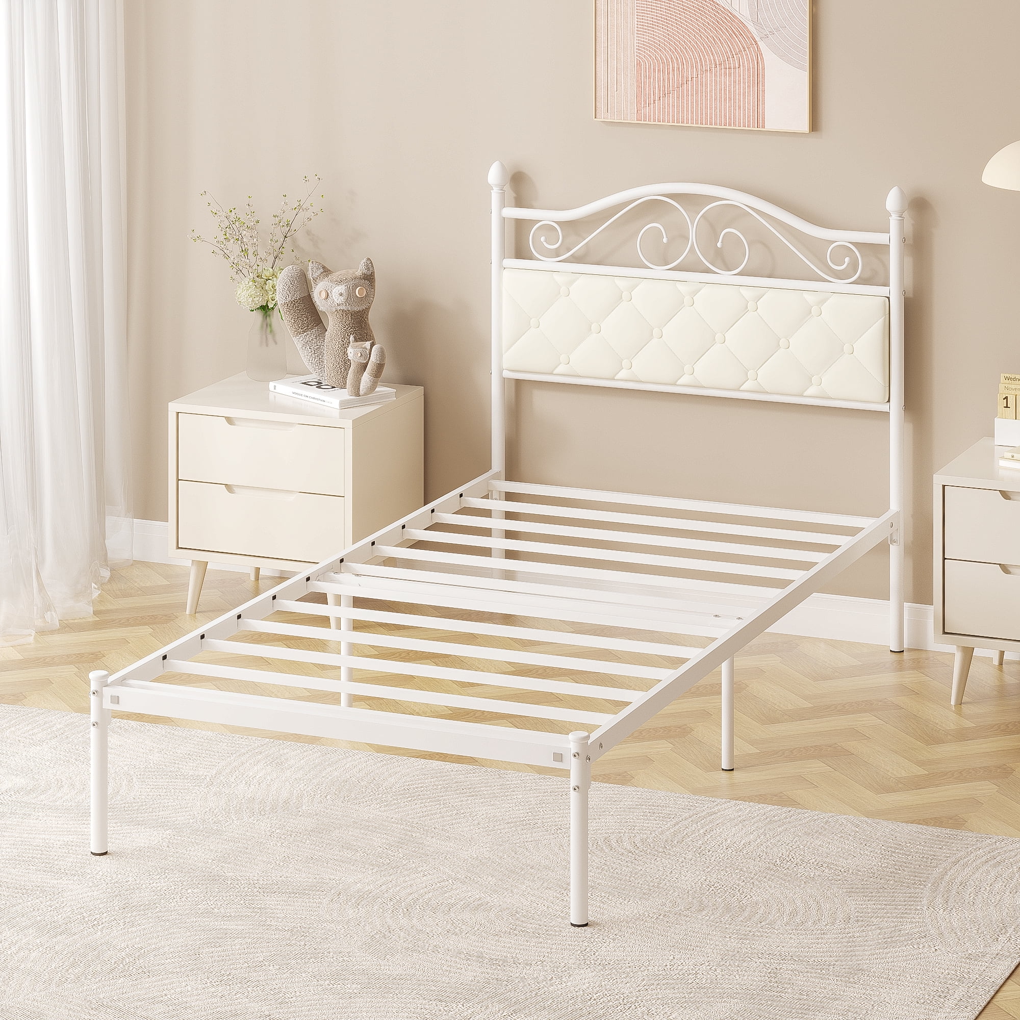 Yoneston Twin Size Upholstered Headboard Metal Platform Bed Frame for Kids Teens Bedroom Furniture, White