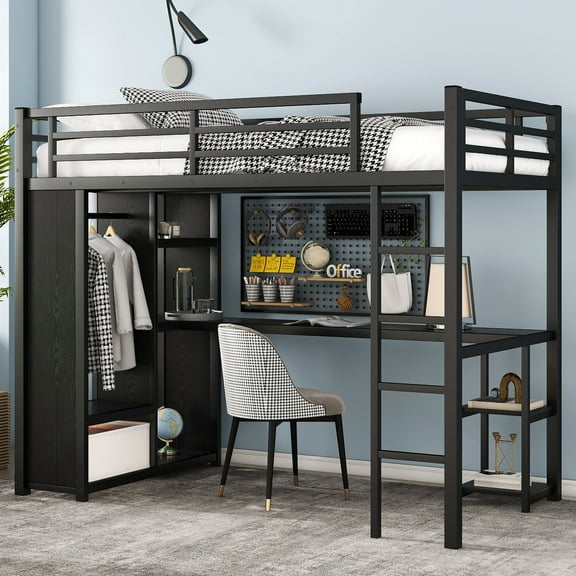Yoneston Twin XL Loft Bed Frame with Built-in Wardrobe, Sturdy Metal Loft Bed with Desk and Storage Shelves, Black