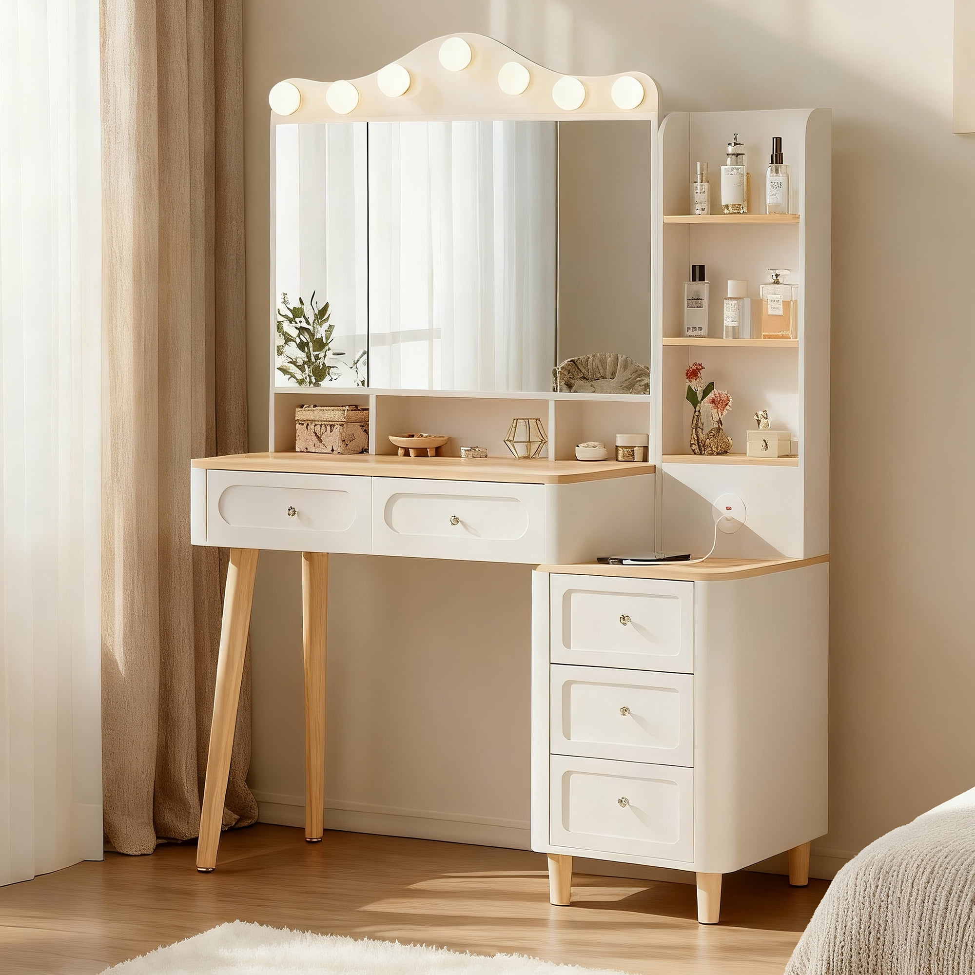 Yoneston Vanity Desk with Large Adjustable Light Mirror and 2 USB Ports, Makeup Table with 5 Drawers and 6 Open Shelves Storage for Bedroom,Dressing Room, White