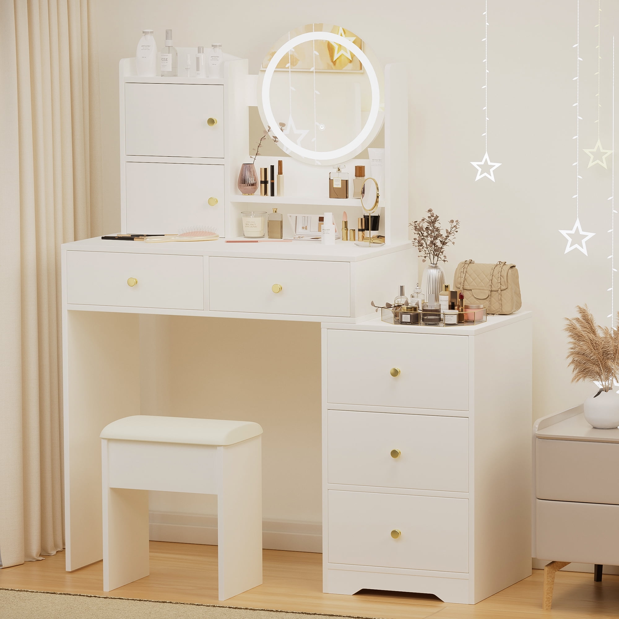 Yoneston Vanity Desk Set with Mirror and Adjustable LED Lights, Makeup Vanity Table with Cushioned Chair, Storage Shelves Cabinet and 5 Drawers for Gilrs Women, White