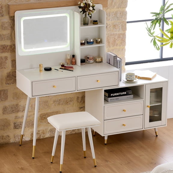 Yoneston Vanity Set with LED Lighted Mirror, 4 Storage Drawers, Movable Cabinet & Upholstered Stool, Makeup Table Set with Charging Station for Bedroom, White