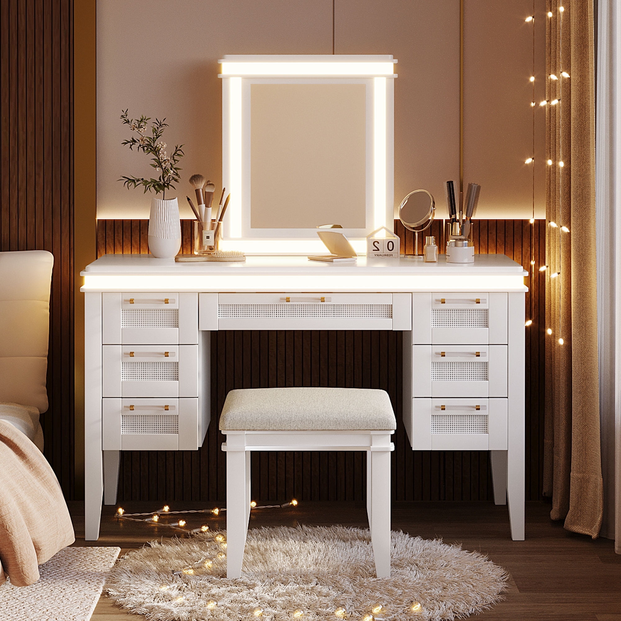 Mintazer Vanity Set with Mirror & Lights, Dressing Table with 7 Drawers and Stool, Makeup Vanity Desk with Hollow Design Drawer for Bedroom, White