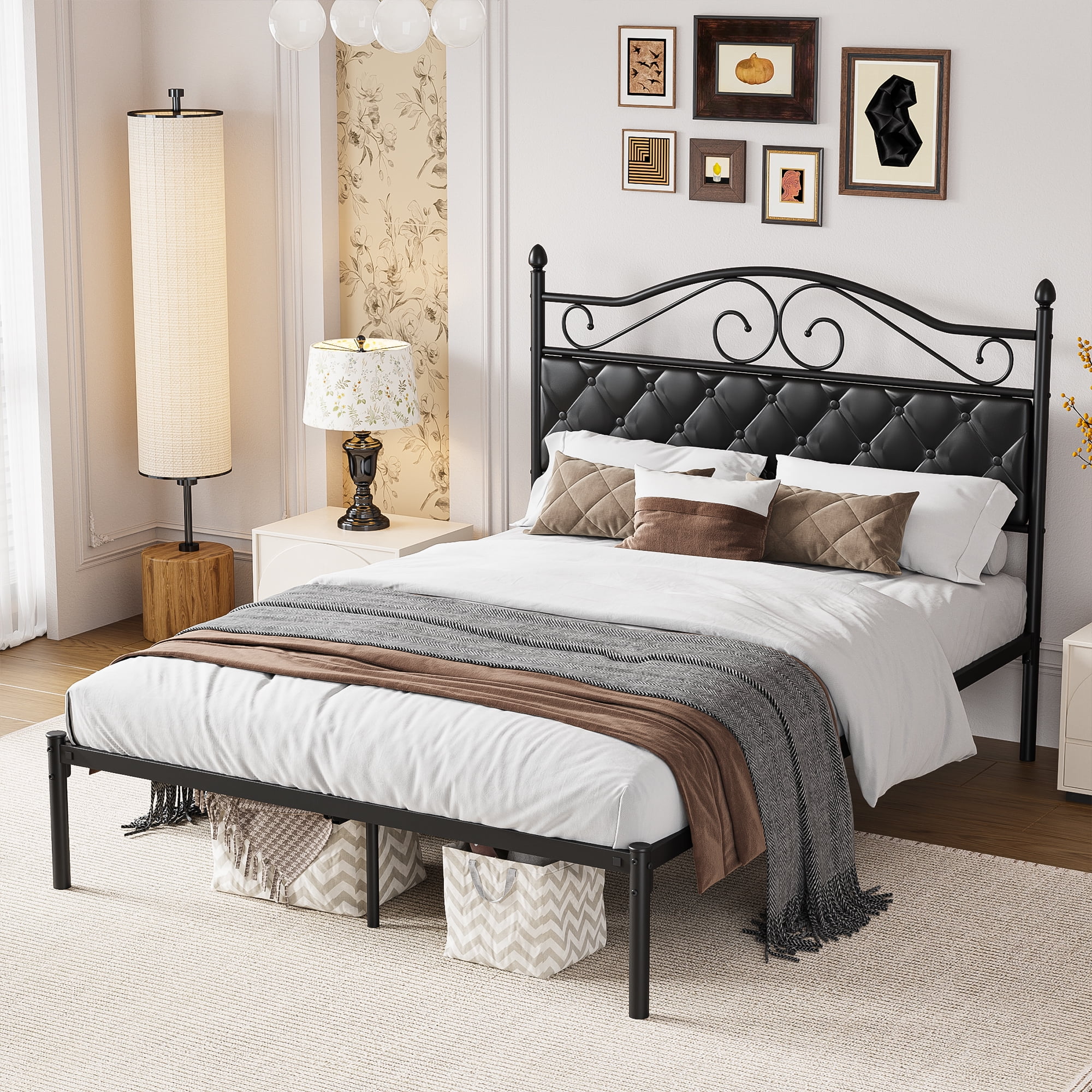 Yoneston Vintage Button Upholstered Headboard Full Size Metal Platform Bed Frame with Under-Bed Storage for Adults, Black