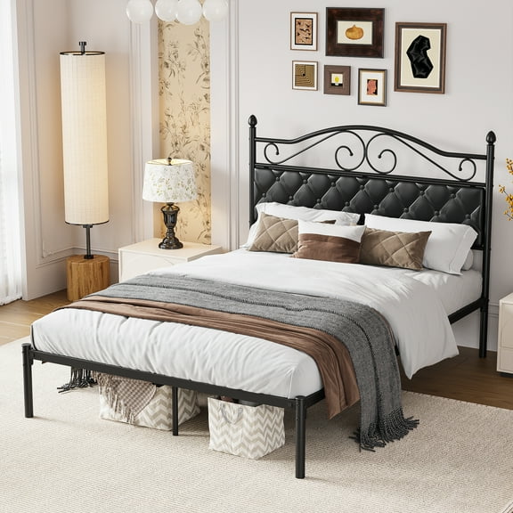 Yoneston Vintage Button Upholstered Headboard Full Size Metal Platform Bed Frame with Under-Bed Storage for Adults, Black