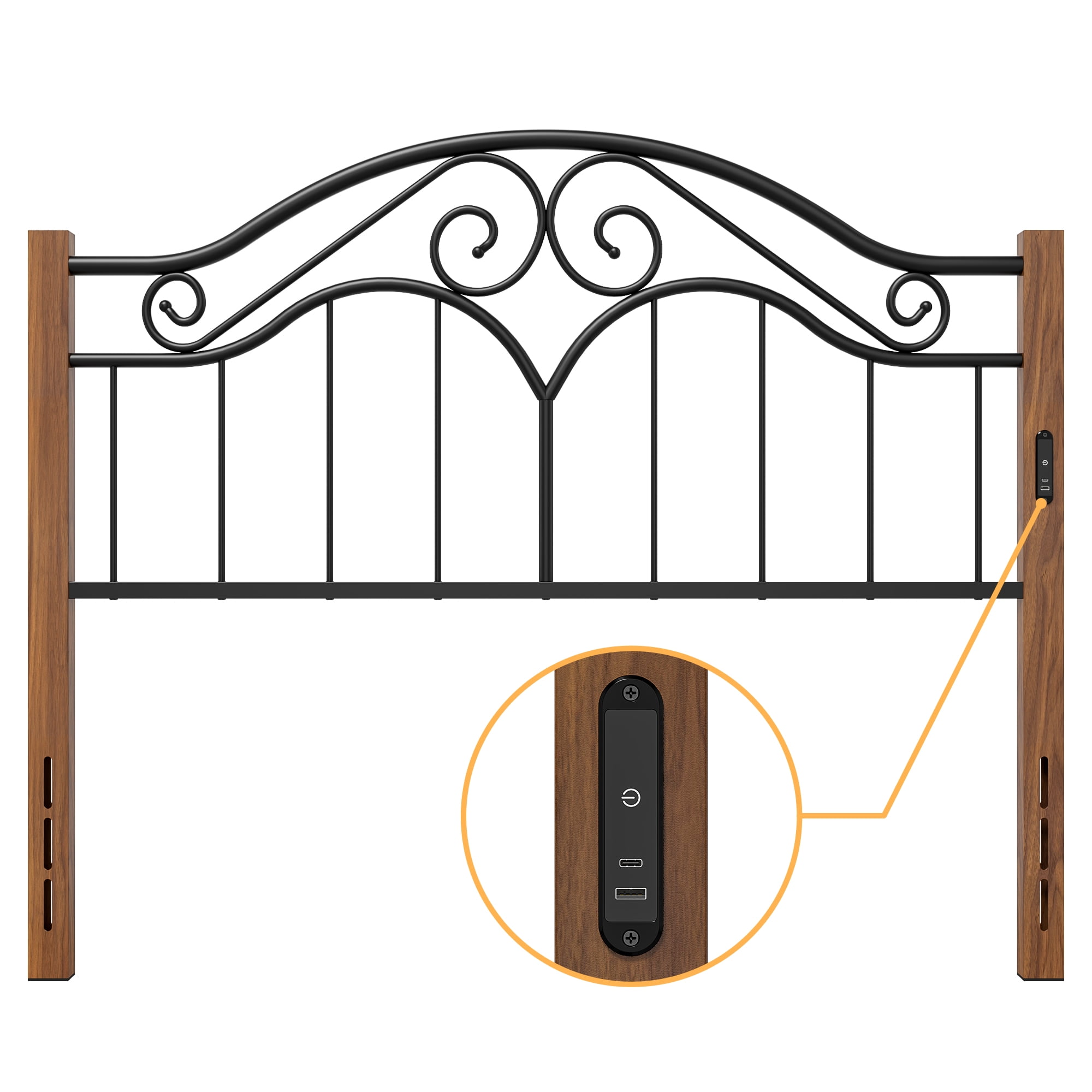 Yoneston Vintage Wood Grain Metal Queen Headboard with Charging and 3-Level Height Adjustment Design, Black