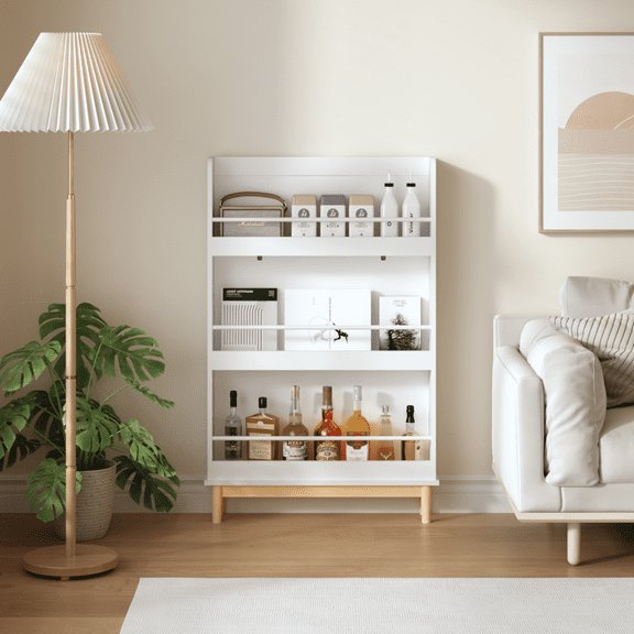 Yoneston Wall-Mounted Kids Bookshelf with 4 Open Face Display Shelves, Modern White Bookcase Rack with Natural Wood Base for Toddler Bedrooms, Nurseries and Playrooms