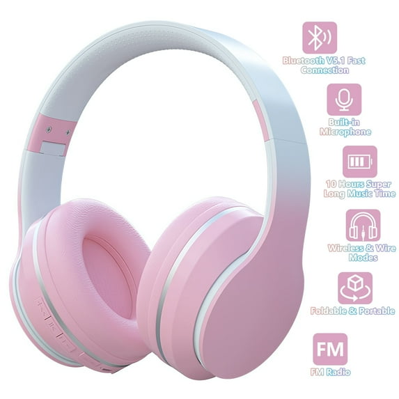 Yoneston Wireless Bluetooth Over Ear Headphones with Microphone, HiFi Stereo Foldable Lightweight Headset, Noise-Cancelling Deep Bass for Home Office Cellphone PC Laptop - Pink