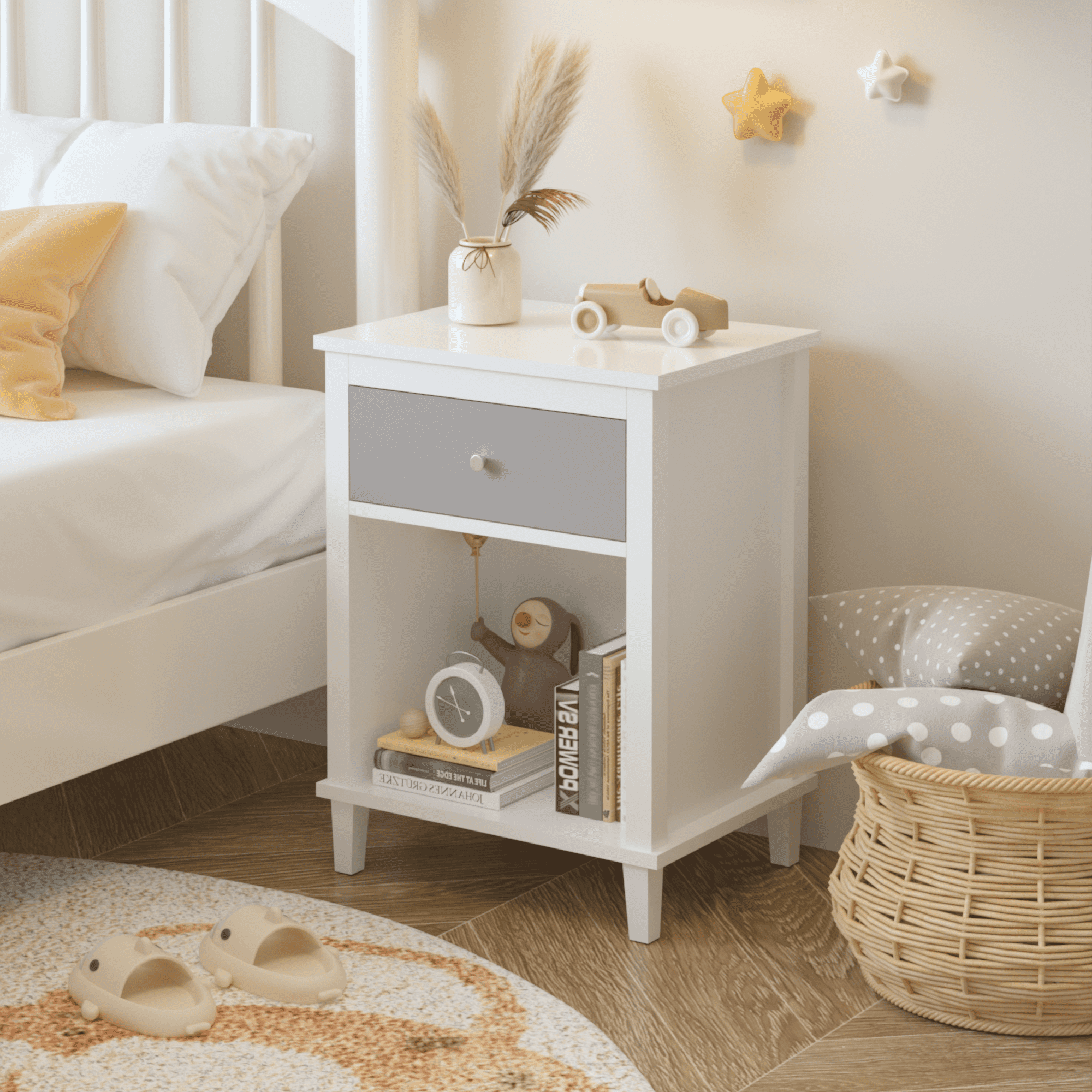 Yoneston Modern Nightstand with Drawer and Open Shelf, Simple Bedside Table for Bedroom, Kids Room, Gray