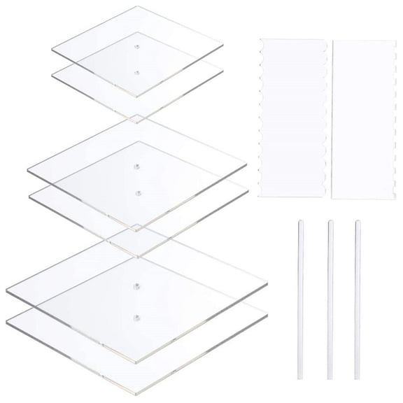 YongCo 11pcs Acrylic Round/Square Cake Disk Set Base Boards with Center Hole Pillar Comb Scrapers Dowel Rod Kitchen Tool