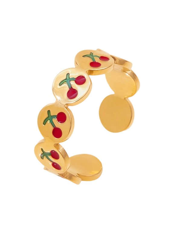Trendy Cherry Themed Adjustable Band Ring Rustproof Stainless Steel Minimalist Jewelry For Teens And Adults