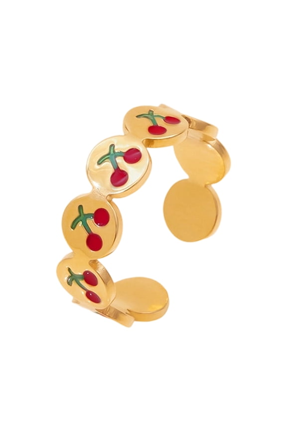 Trendy Cherry Themed Adjustable Band Ring Rustproof Stainless Steel Minimalist Jewelry For Teens And Adults