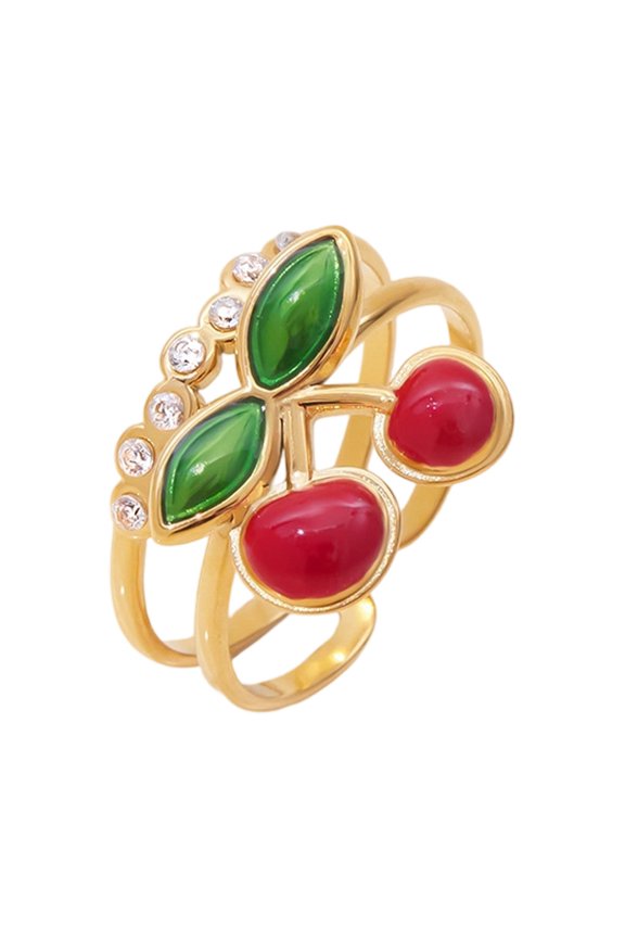 Trendy Cherry Themed Adjustable Band Ring Rustproof Stainless Steel Minimalist Jewelry For Teens And Adults