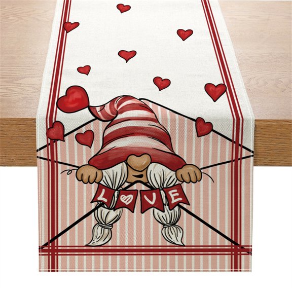 YongCo Valentines Day Linen Table Runner Wedding Decoration Heart Couple Table Runner Tablecloth for Dining Table Decor
