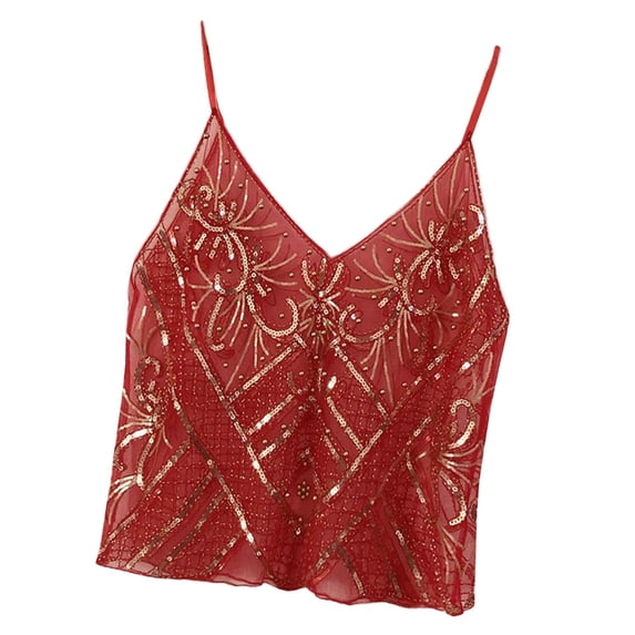 YongCo Women Sequins Mesh Camisole Sparkly Spaghetti Strap Crop Tank Top Cocktails Vest