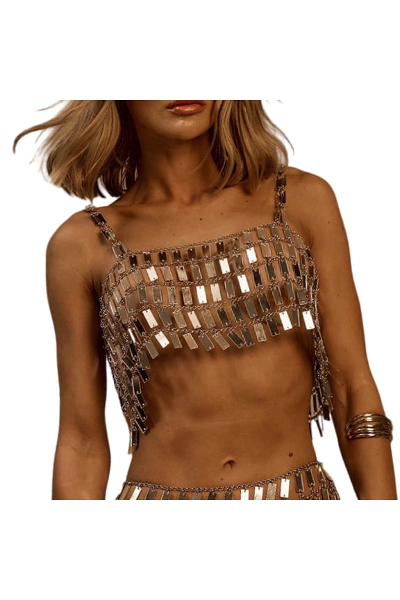 Women's Backless Chest Chain Sequins Crop Top Sparkly Body Chain Glitter Bra Body Jewelry for Raves Party Clubwear Gifts