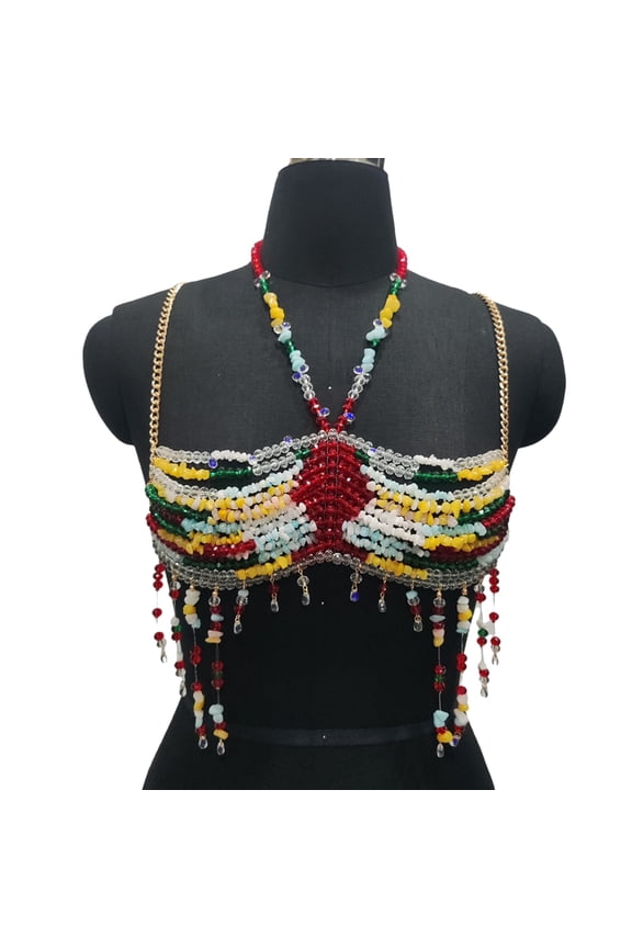 Women's Exotic Colorful Beads Tassels Crop Top Body Chain Halterneck Body Jewelry Bralette for Music Festivals and Beach