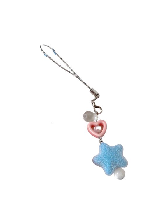 Youthful and Fashionable Dopamine Inspired Star Keychain Flocking Pentagrams Heart Beaded Phone Lanyard Bag Accessory