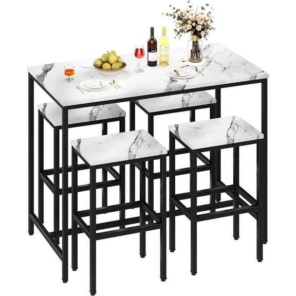 Yongchuang 5 Piece Bar Table Set, Kitchen Bar Table and Chairs Set of 4, Modern Metal Counter Height Table with Stools for Dining Room, Living Room Breakfast Table White Faux Marble Wood Top