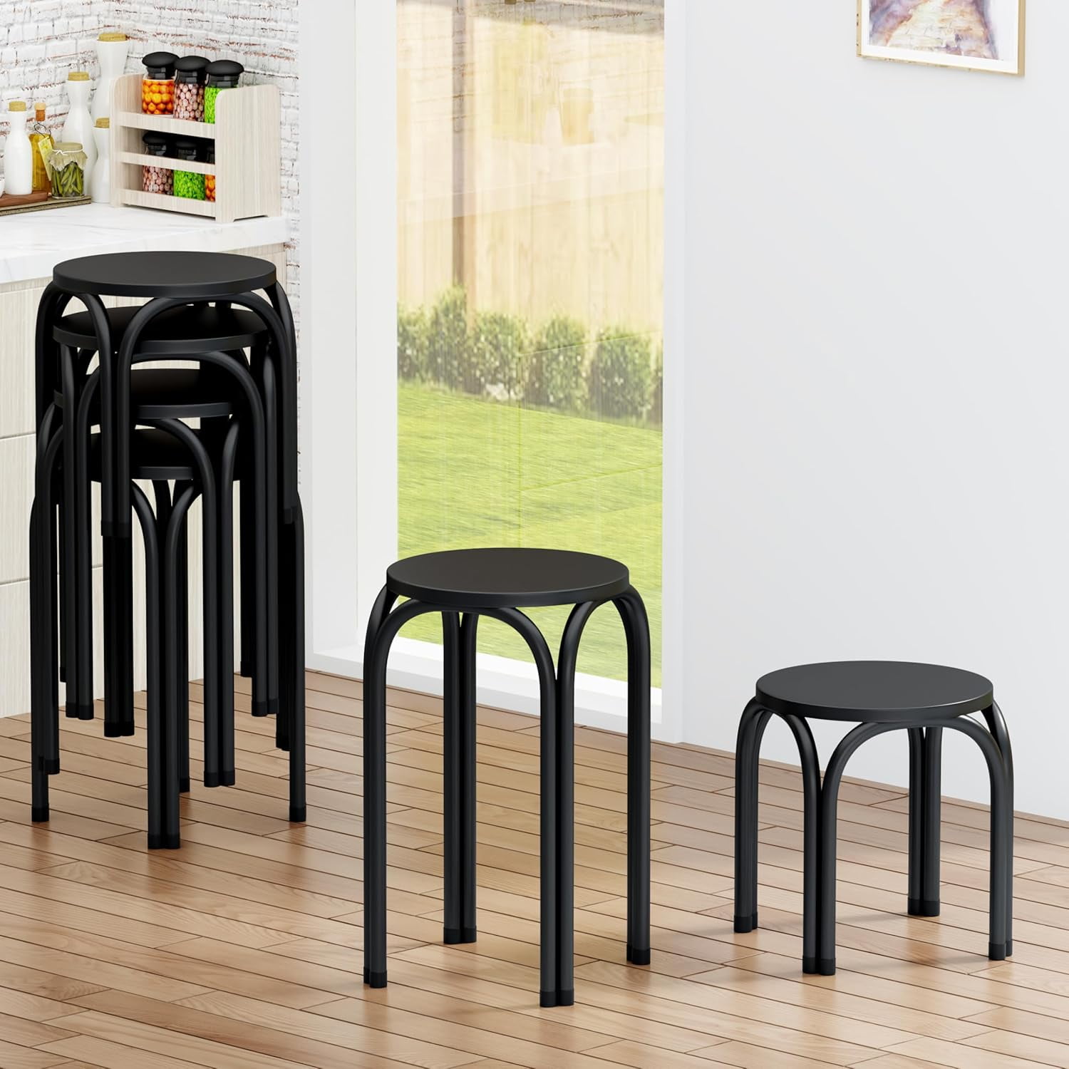 Yongchuang Backless Black Metal Short Stools Set of 6