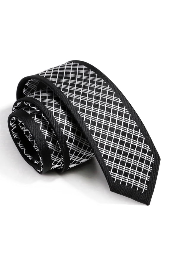 2.36" High-quality Men's Skinny Necktie Black Background White Lines Grid Pattern Business Banquet 6CM Slim Tie
