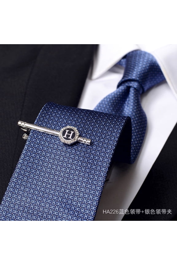 3.15-inch High-quality Men's Necktie Blue checkered H-letter Pattern Business Banquet 8CM Wide Tie and Silver Tie Clip