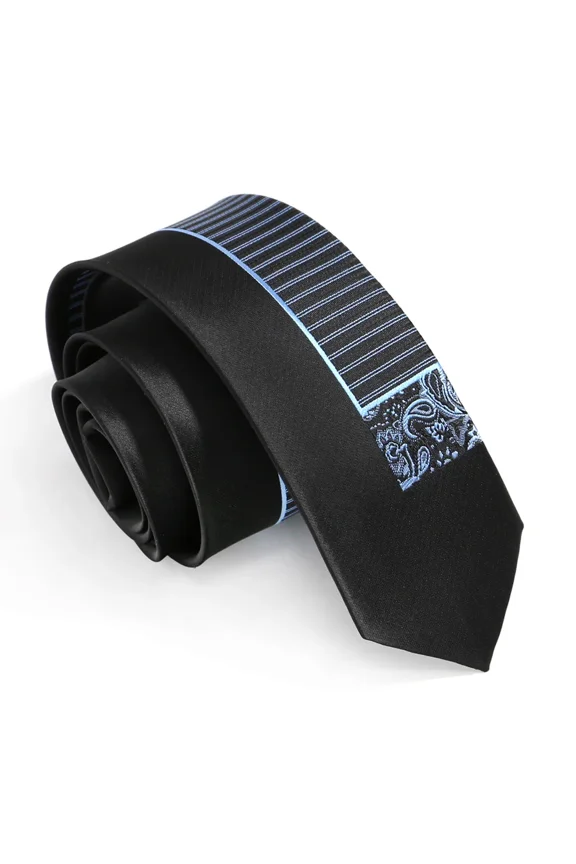 Men's 6cm (2.36'') Slim Black Necktie - Light Blue Stripe & Paisley Pattern Formal Business Wedding Tie