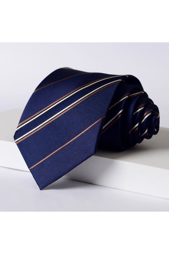 Men's Navy Blue Brown Striped Tie 8CM Wide Version Tie+Gift Box