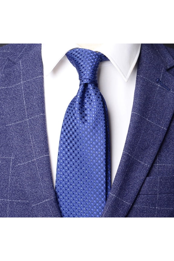 Men's Navy Blue Small Checkered Pattern Tie Hand Knotted 8CM Wide Tie+Gift Box