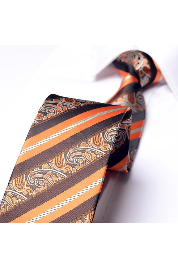 Men's Orange Paisley Stripe Pattern Tie Hand Knot 8CM Wide Tie+Gift Box
