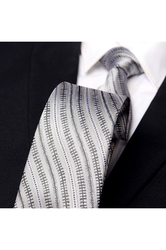 Men's Silver Grey Curved Pattern Tie Hand Knot 8CM Wide Tie+Gift Box