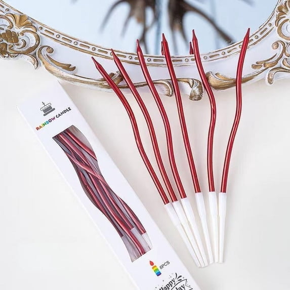 Yongcuo Elegant Gold Spiral Birthday Candles Set of 6 Twisted Metallic Candles for Cakes & Celebrations, 5.75 Inches Long Red